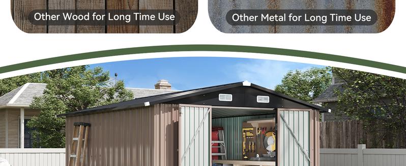 Aoxun Storage Shed Outdoor Metal Storage Shed 8*6 ft, Galvanized Steel Metal Garden Shed with Air Vent and Hinged Door Utility Tool Storage House for Garden, Backyard, Patio, Lawn, with Swing Door and Lock, Brown