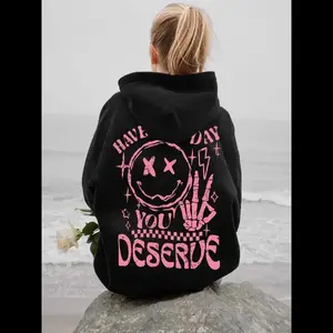 Women's Cartoon Smile Face & Letter Print Drop Shoulder Hoodie, Fashion Casual Drawstring Pocket Hooded Sweatshirt for Daily Holiday Outdoor Wear, Women Clothing for Fall & Winter Womenswear Tops