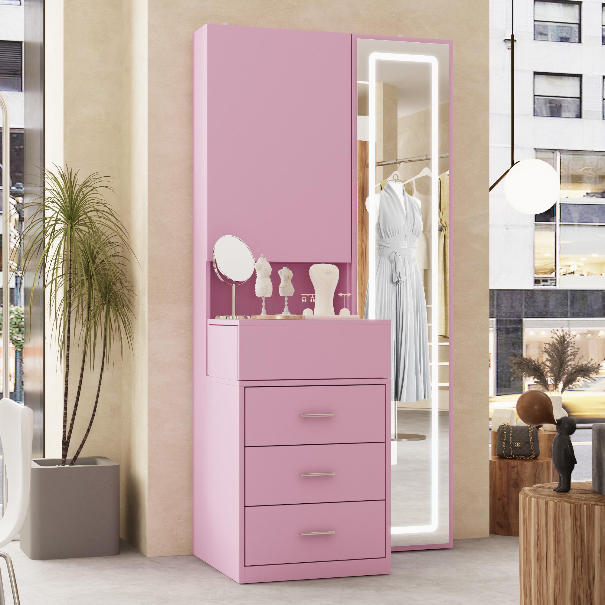 FUFU&GAGA Pink/White/Black Makeup Vanity Desk with Full-length Mirror & 3-Colors Adjustable Lights, 3 Drawers, Sliding Tabletop, Engineered Wood, Generous Storage Capacity