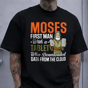 Funny Religious Tech Meme Moses And Ten Commandments Cotton Graphic Tee For Casual Wear Short Sleeve Summer Menswear Classic Fit