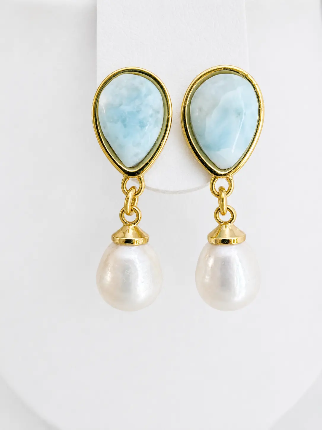 Genuine Dominican Republic Larimar and Caribbean Freshwater Pearl Drop Earrings - Waterproof, Elegant Luxury Everyday Jewelry for Valentine’s Day
