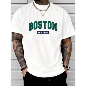 100% Cotton Men'S Boston Est. 1997 Graphic Print T-Shirt, Casual Crew Neck Short Sleeve Tee with Slight Stretch, Regular Fit, Letter Pattern Design, Perfect for Sports or Leisure Activities, Leisure Clothing |   Trendy Crew Neck |   Versatile Style