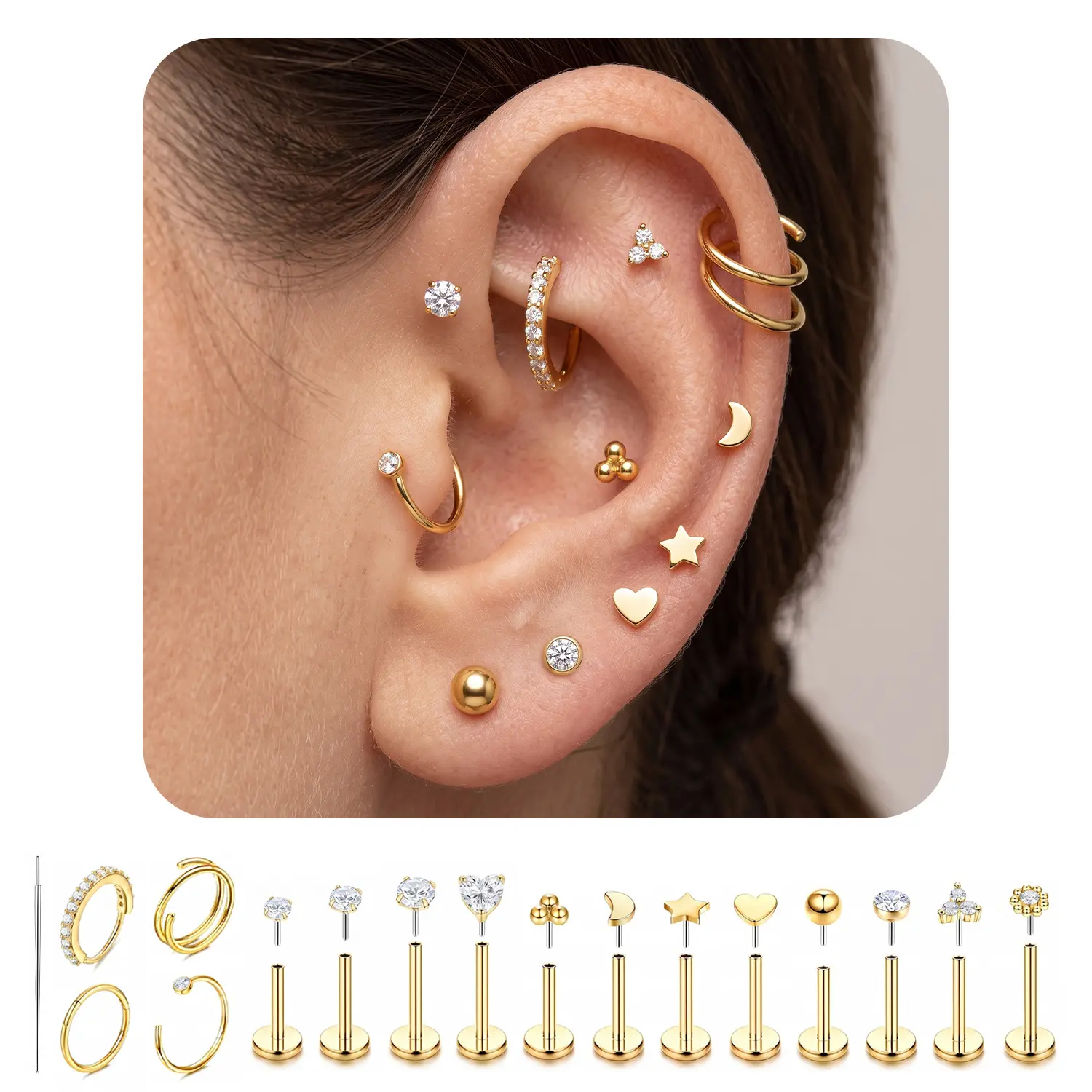 17PCS Stainless Steel Flat Back Earrings Set for Women Men, Hypoallergenic CZ Stud & Hoop Earrings for Multiple Piercings, Cartilage Helix Tragus Earrings with Insertion Guiding Needle