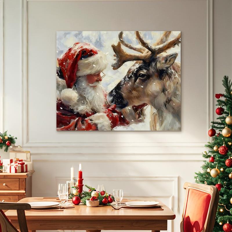 WiHoo Santa Claus Framed Vintage Christmas Canvas Wall Art Print, Rustic Winter Painting Christmas Pictures Wall Decor Christmas Gifts for Home Living Room Bedroom Decor Made in USA