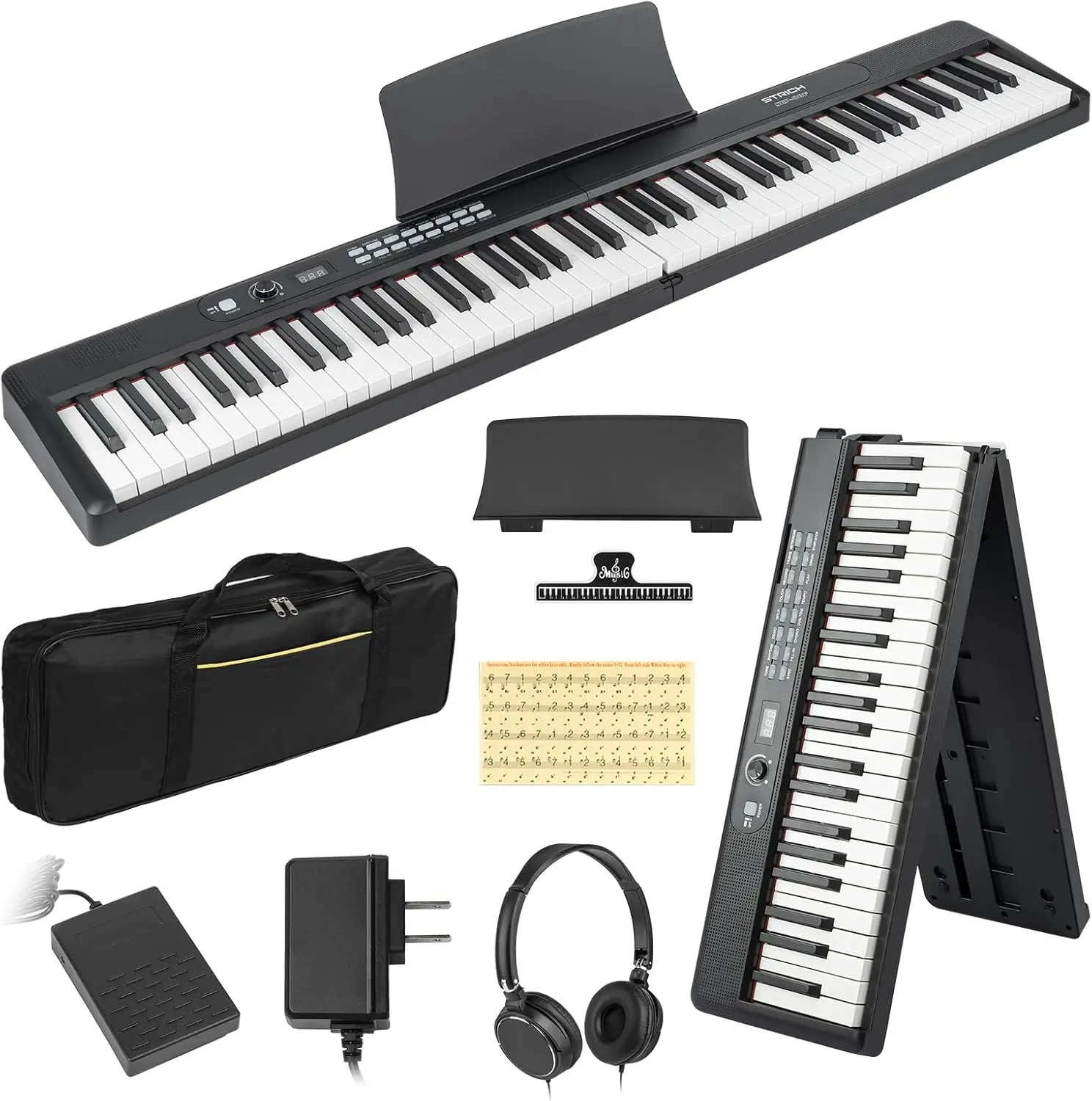 STRICH 88 Key Digital Piano Foldable Full Size Electric Keyboard with Semi-Weighted Sensitive Keys, Portable Electric Piano Set for Beginner, Bundle with Sustain Pedal, Headphones, Music Rest, SEP-88F