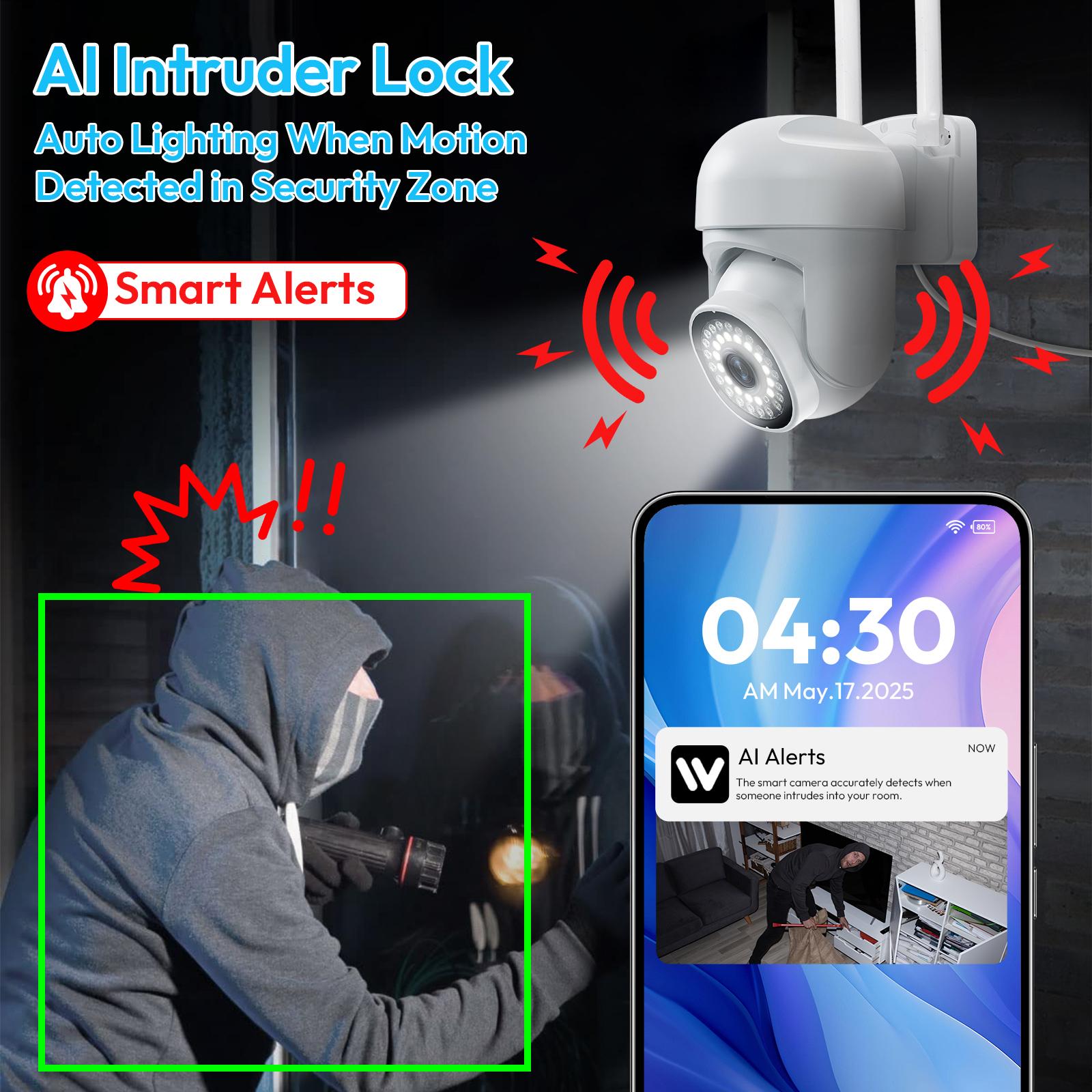 3MP Security Camera, 2K HD Video and Color Night Vision, 360° rotation,Video Replay,2.4Ghz WiFi, Motion Detection, Two-Way Audio - Easy Installation WiFi Home Automatic Card