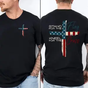 Stand for The Flag Kneel for The Cross 4th of July 2 Sided T-shirt, Graphic Tees for Men, Cotton Fabric Casual Crew Neck Short Sleeve T-shirt Trendy Tops,  Suitable for Daily Wear, Exercise and Vacation Menswear Alternative Black-Hoodie Black-Sweatshirt
