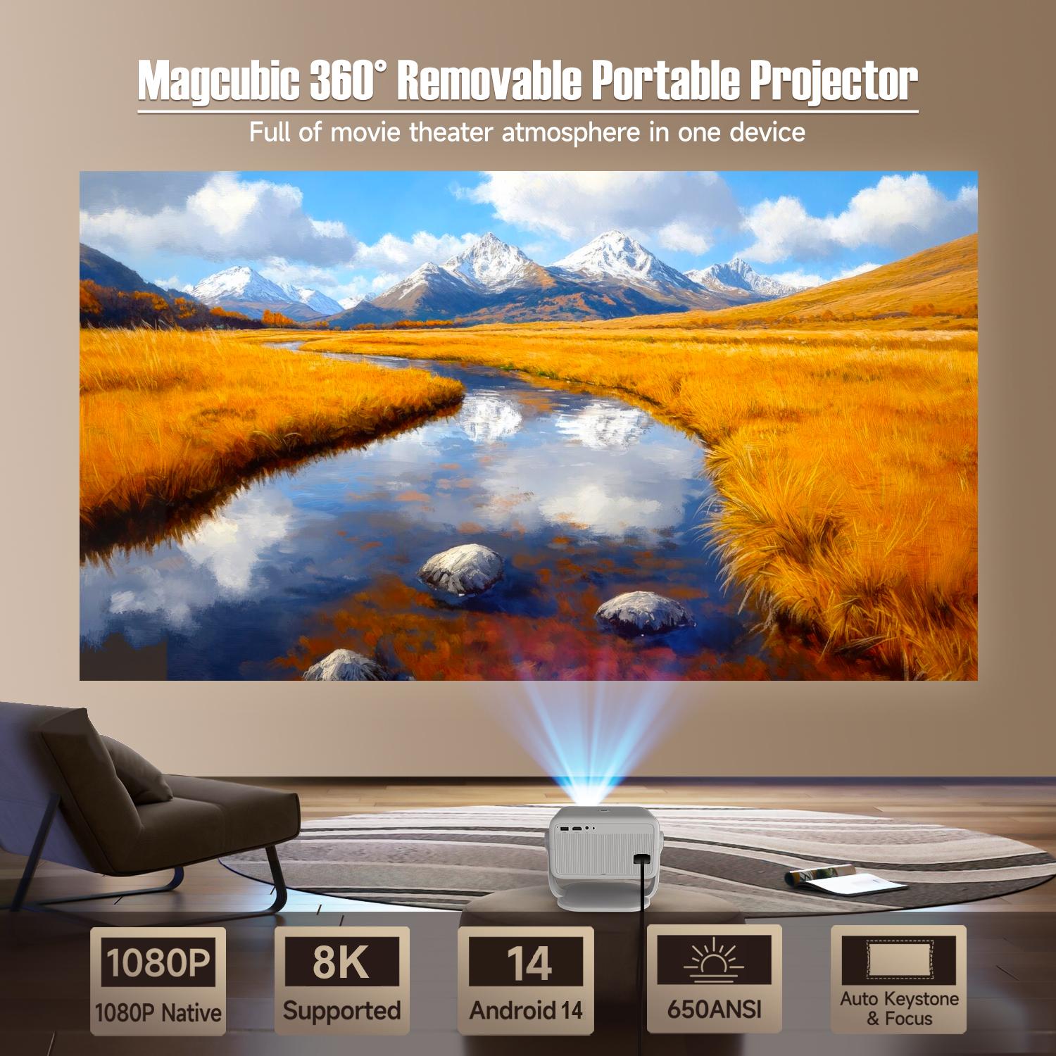 [US warehouse] Magcubic L018 Auto Focus Projector 650ANSI Google Assistant Android 14.0 8K Videosource Supported Native 1080P Wifi6 BT5.2 Built-in HiFi Speaker Allwinner H726 Fully Auto Keystone Correction Portable Movie Outdoor Airmouse Intelligent