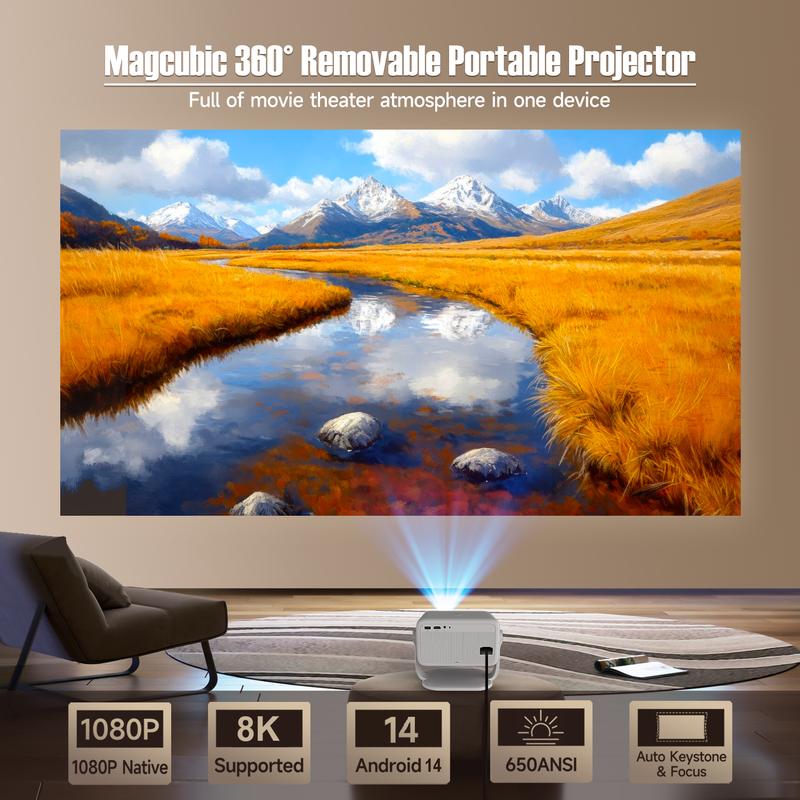 [US warehouse] Magcubic L018 Auto Focus Projector 650ANSI Android 14.0 8K Videosource Supported Native 1080P Wifi6 BT5.2 Built-in HiFi Speaker Allwinner H726 Fully Auto Keystone Correction Portable Movie Outdoor Airmouse Intelligent