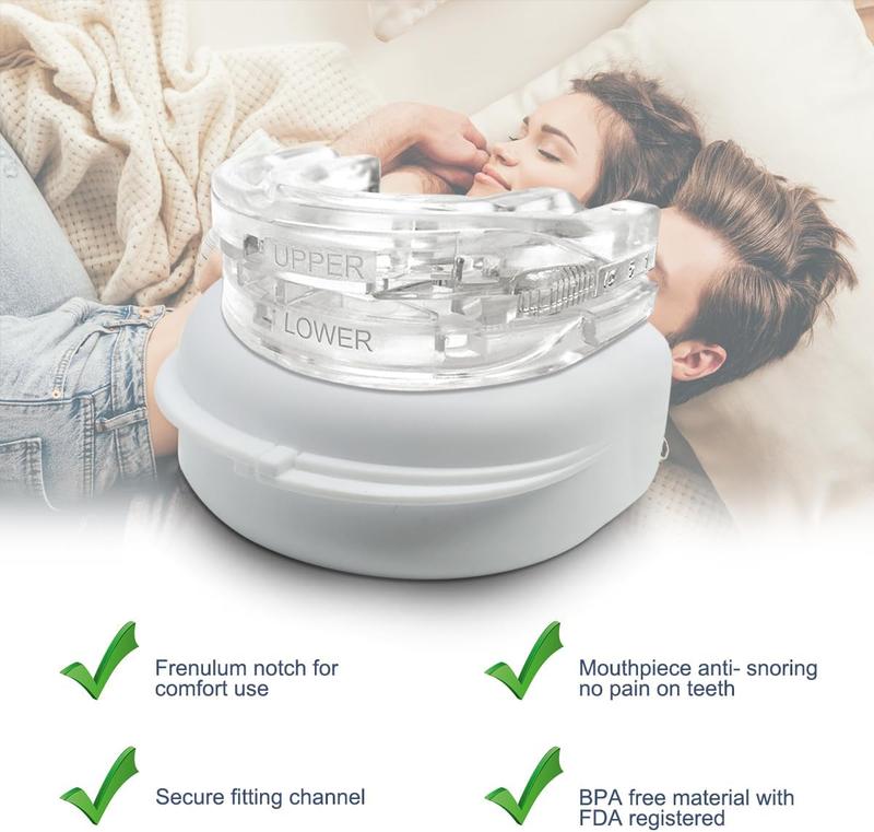 Anti-Snoring Mouthpiece designed to reduce snoring by gently adjusting jaw position for better airflow. Comfortable, adjustable, and reusable. No batteries or machines needed. Sleep quieter, breathe easier, and wake up refreshed every morning.