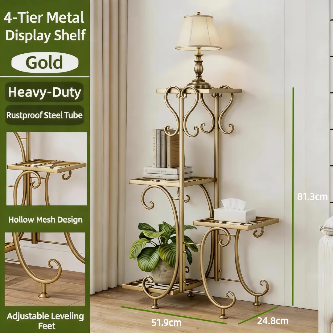 4-Tier Tall Corner Storage Shelf, Metal Indoor Outdoor Multipurpose Shelf for Living Room Balcony Home Decor, Holds 4 Items