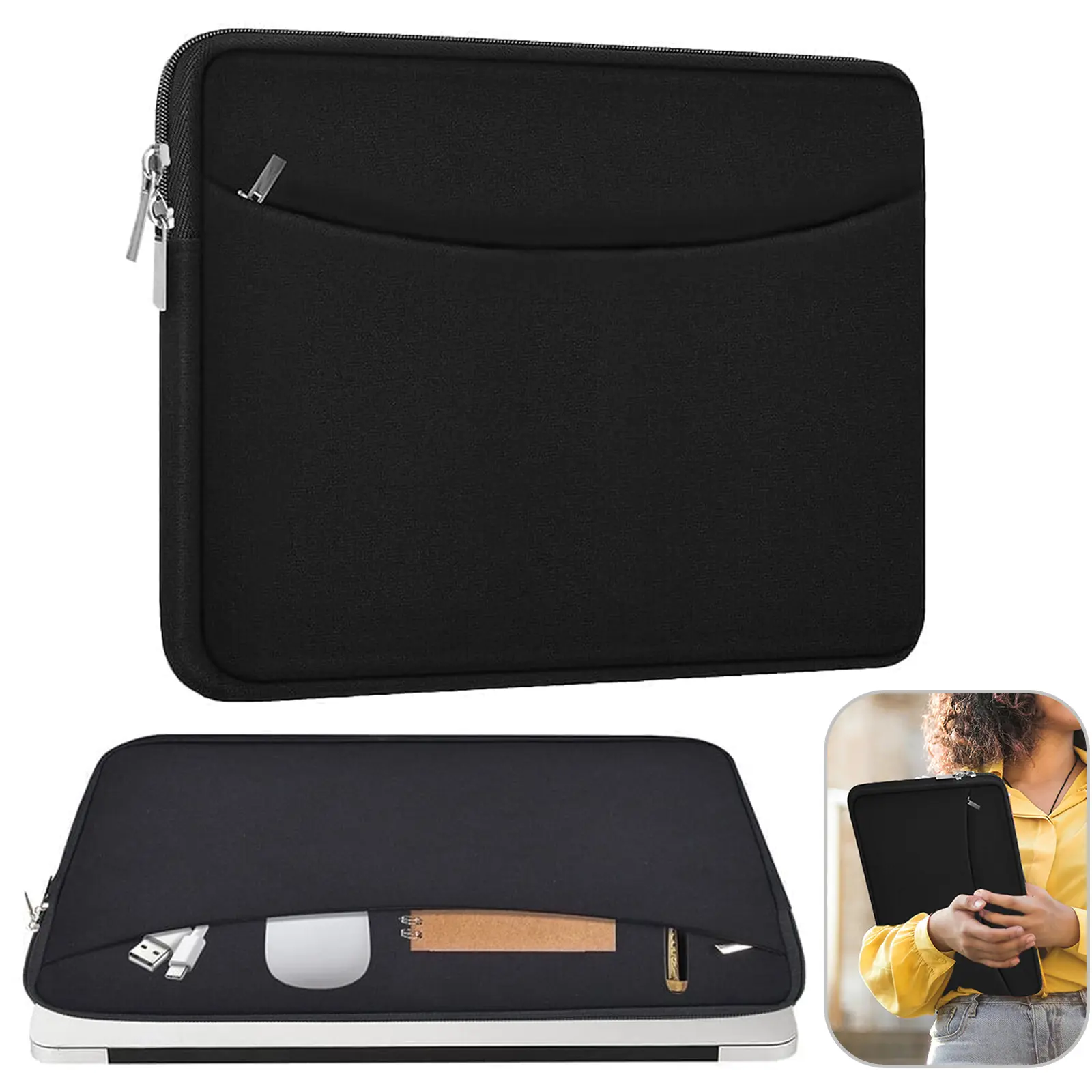 14 16 inch Laptop Sleeve Case, HOMEYA Shockproof Protective Notebook Cover Briefcase, Carrying Computer Bag with Accessory Pocket for 13" 14" 15” 16” MacBook Air Pro, HP, Dell, Lenovo, Acer, Black