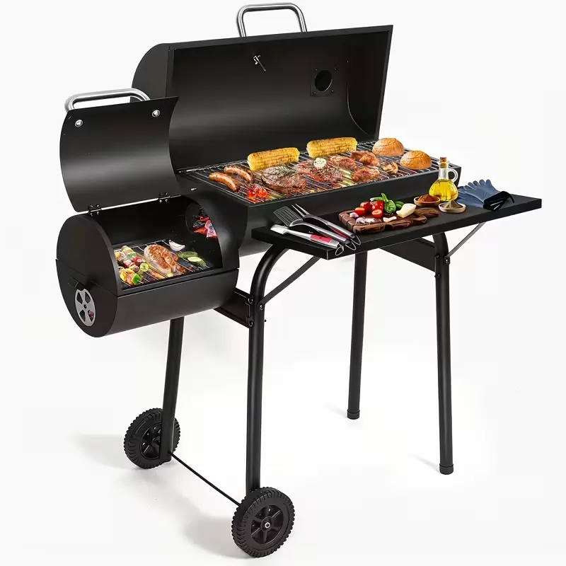 Black Multi-Use Charcoal Grill with Offset Smoker - Barbecue Grill Ideal for Backyard, Patio, Outdoor Cooking, Charcoal Grills Bbq