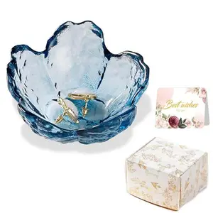 Blue Flower Glass Ring Dish Jewelry Tray Ring Holder Dish Cute Room Decor Vanity Organizer for Nightstand or Bathroom Aesthetic Trinket Dish Gift for Wife Mom Daughter