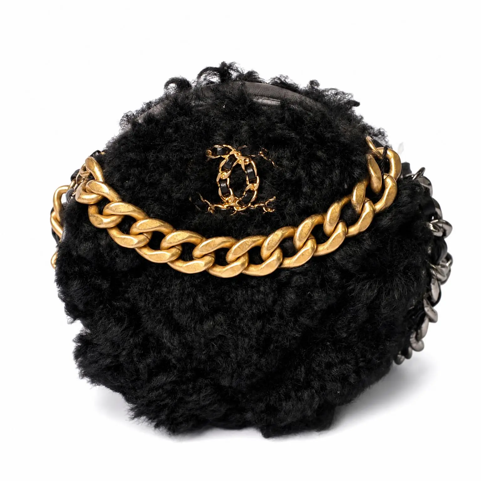 Pre-owned CHANEL X Mini Bags 19 Shearling Round Clutch Handbags Black 30235701
