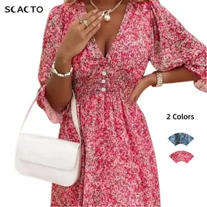 Scacto-Neck Floral Print Short Sleeve Bubble Sleeve A-Line Dress for Adults in Polyester and Spandex Sizes S to 3XL 95% Polyester 5% Spandex Button Detail