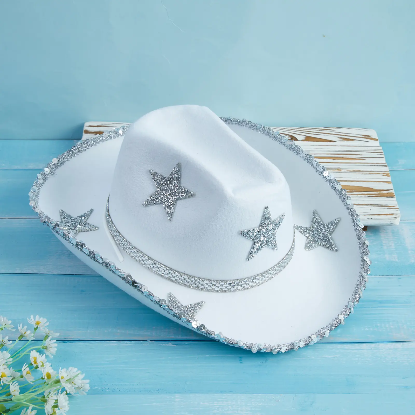 Wide Brim Cowboy Hat Rhinestone Party Cap Adjustable Keilin Star Studded Rhinestone Cowgirl Hat Disco Cowboy Hat  main image 2