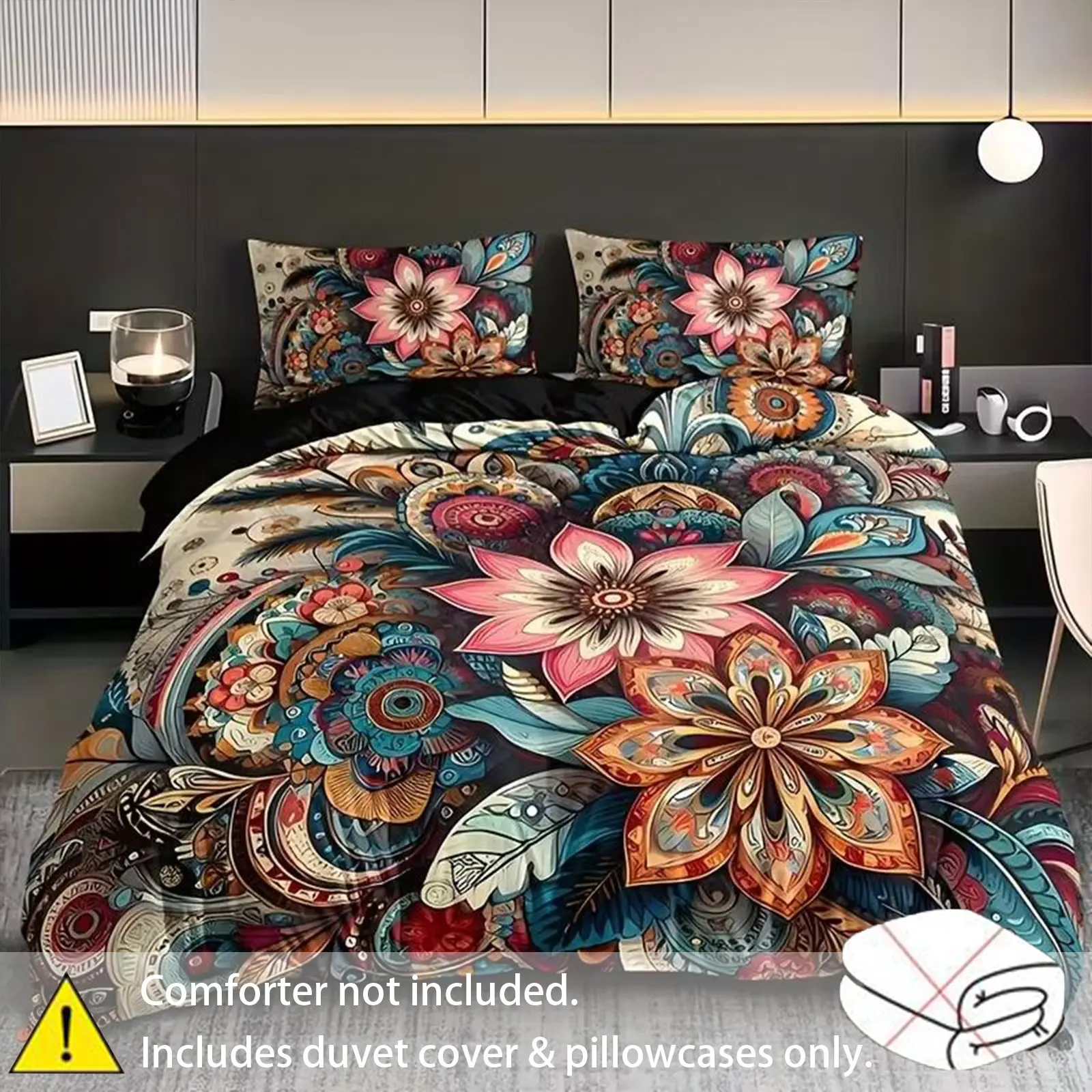 Bohemian mandala floral 3-piece bedding set, Boho Bedding Set, Comfy Bedding Sets, includes 1 duvet cover and pillowcases, no duvet insert or pillow inserts included, soft and comfortable for all seasons, machine washable, a gift for friends and family