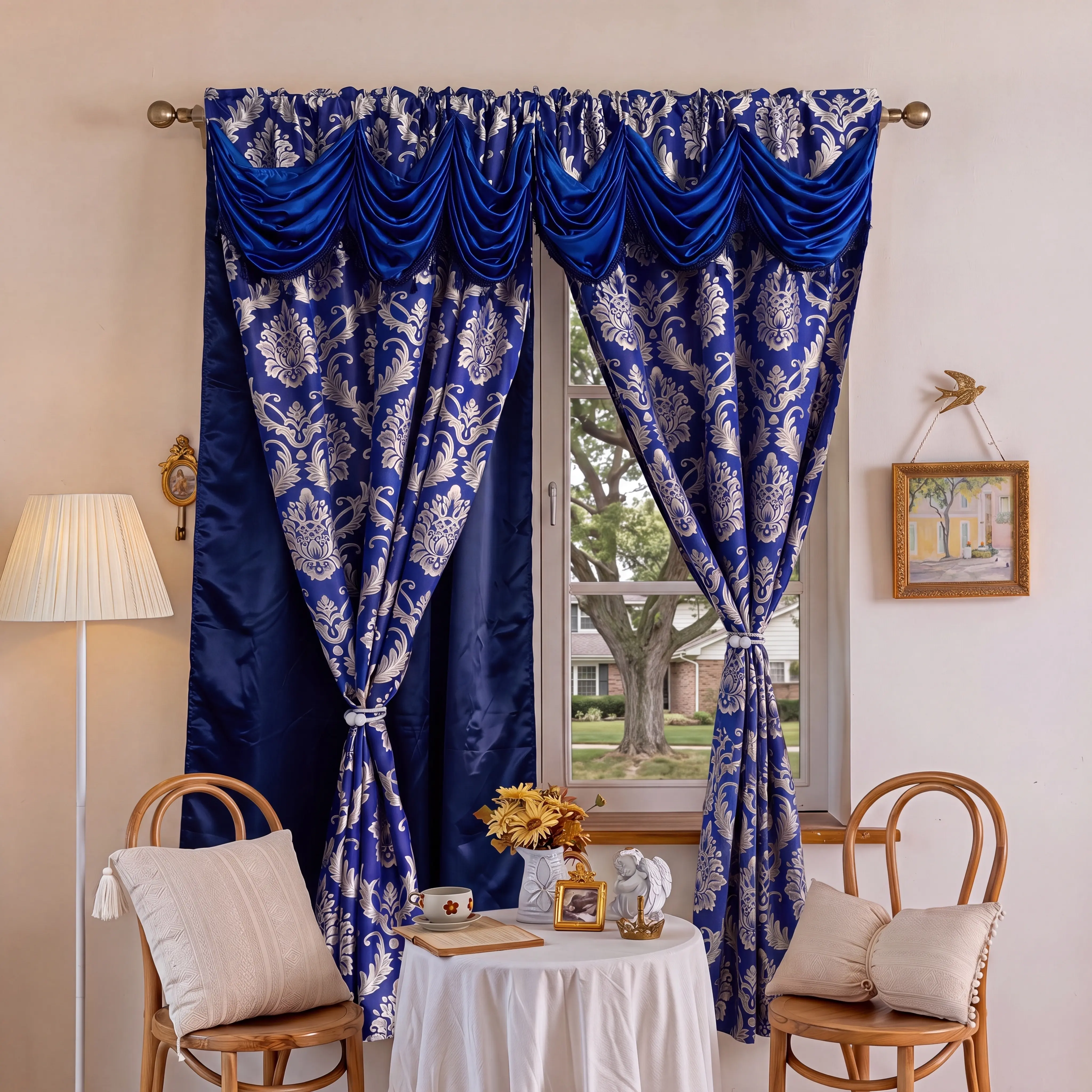 Damask Jacquard Double-Layer Curtain Panels Set (2 Panels, 52x63 In) with Attached Waterfall Valance, Anti-Shrink Satin-Lined Fringe Trim Rod Pocket Vintage European Floral Blackout Drapes for Formal Living Room, Bedroom JV1