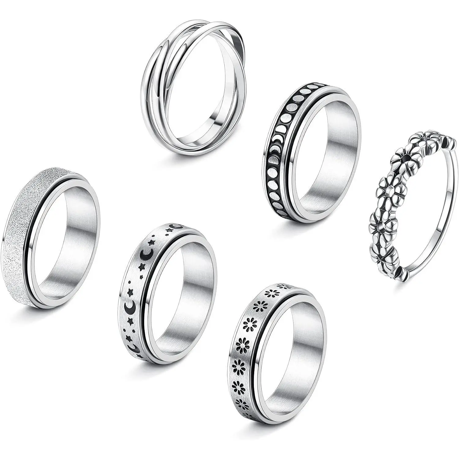 FINREZIO 4-6Pcs Stainless Steel Spinner Ring for Women Mens Fidget Band Rings Moon Star Celtic Stress Relieving Wide Wedding Promise Rings Set Daily