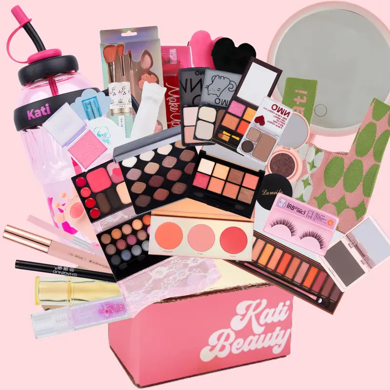 Kati's Signature Makeup Kit - The Pink Box 30 Beginner Friendly Makeup Essentials, Eyeshadow Palette, Lip Gloss & Eyeliner Pink box Brow Curler Gift Set