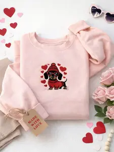 Dachshund Valentine Sweatshirt Pink Dog Lover Sweater Sausage Dog in Glasses Kawaii Puppy Pullover Unisex Cozy Fit Soft Cotton Blend Perfect Gift for Dachshund Moms & Dog Dads