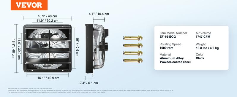 VEVOR Shutter Exhaust Fan, TikTokShopBlackFriday, 16'' with Temperature Humidity Controller, EC-motor, 2650 CFM, 10-Speed Adjustable Wall Mount Attic Fan, Ventilation and Cooling for Greenhouses, Garages, Sheds, ETL Listed  With or without a controller
