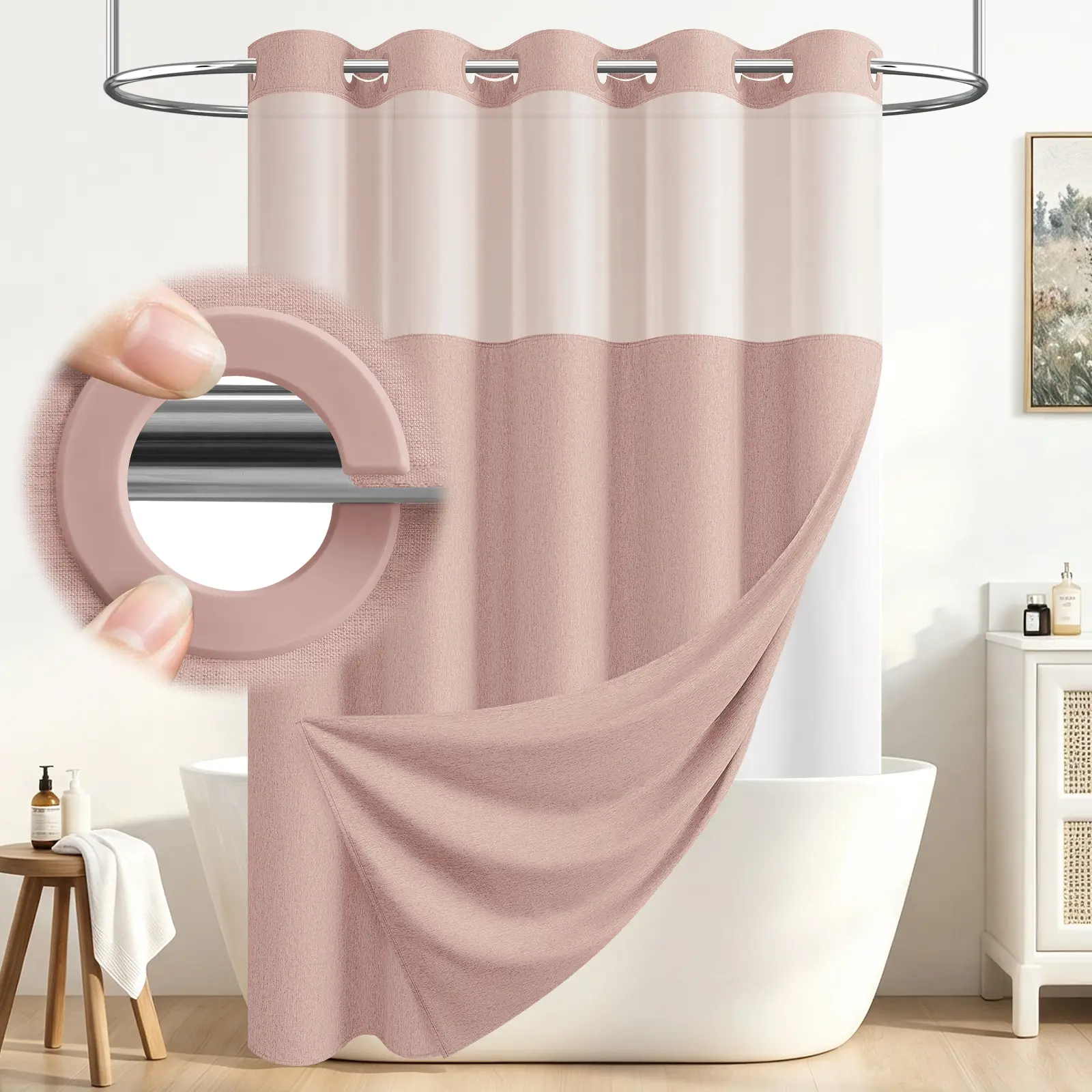 DYNAMENE No Hook Faux-Linen Shower Curtain Set with Snap-In Wahsable Liner, Mesh Window and Weighted Magnats, Two Layer Water-Resistant Machine Washable Bathroom Curtain for Home, RV, Hotel Use, Cortina de baño sin ganchos