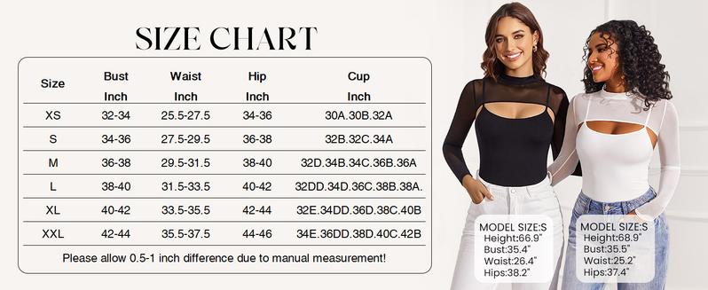Womens Long Sleeve Bodysuits Mock Turtle Neck Shapewear Bodysuit Sexy Mesh Bodysuit Two Piece Outfit Cami Tops