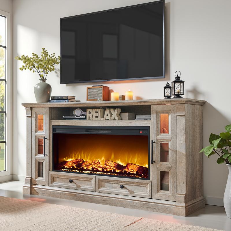 OKD 70" Wall-Mounted Rustic TV Stand – 42" Electric Fireplace, 2 Glass Cabinets & 2 Drawers, Open Shelves, Farmhouse Entertainment Center / Media Console for Living Room