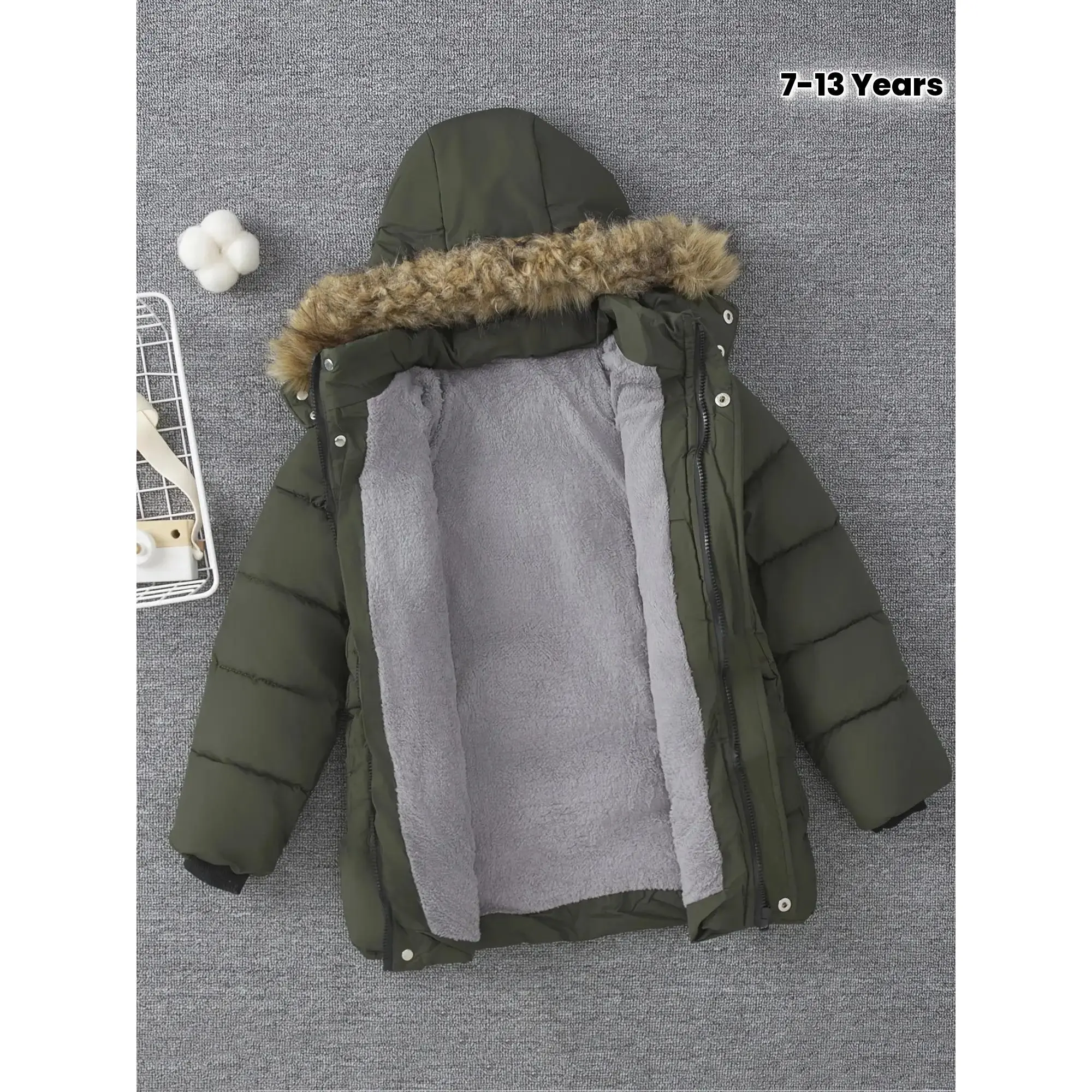 [Winter Hooded Jacket] Thick Winter Boys' Hooded Jacket|       Casual Solid Color Long Sleeve Coat, Regular Fit, with Faux Fur Trim, Embroidered Polyester Lining And Non-Stretch, Fall/Winter Season