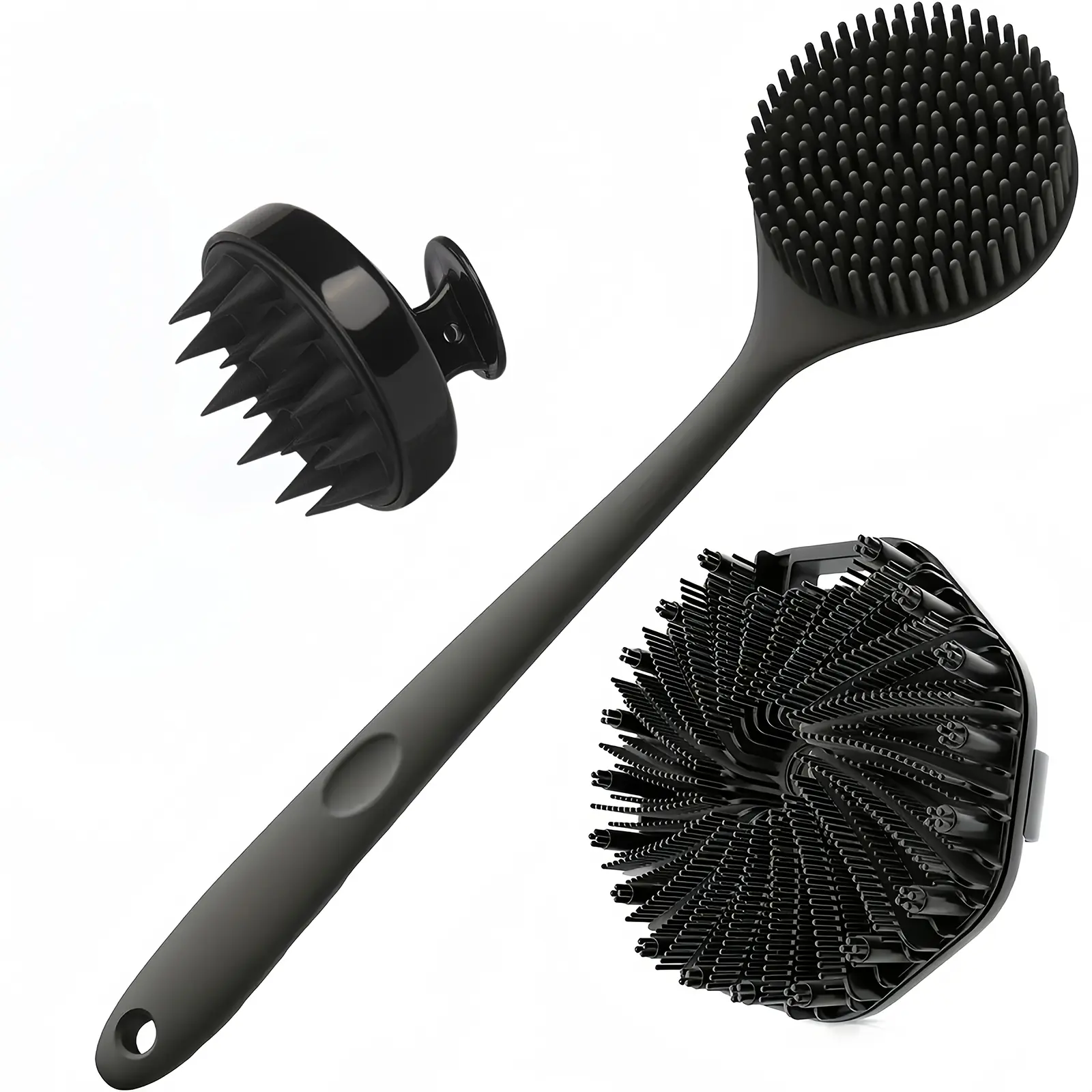 Portable Wall-Mounted Silicone Shower Brush Set, Scalp Cleaning Brush, Long Handle Body Brush, 3 Piece Bathroom Accessories Kit, Shower Bath Tool, Shower Body Scrubber, Shower Brush For Body, Bathroom Supplies