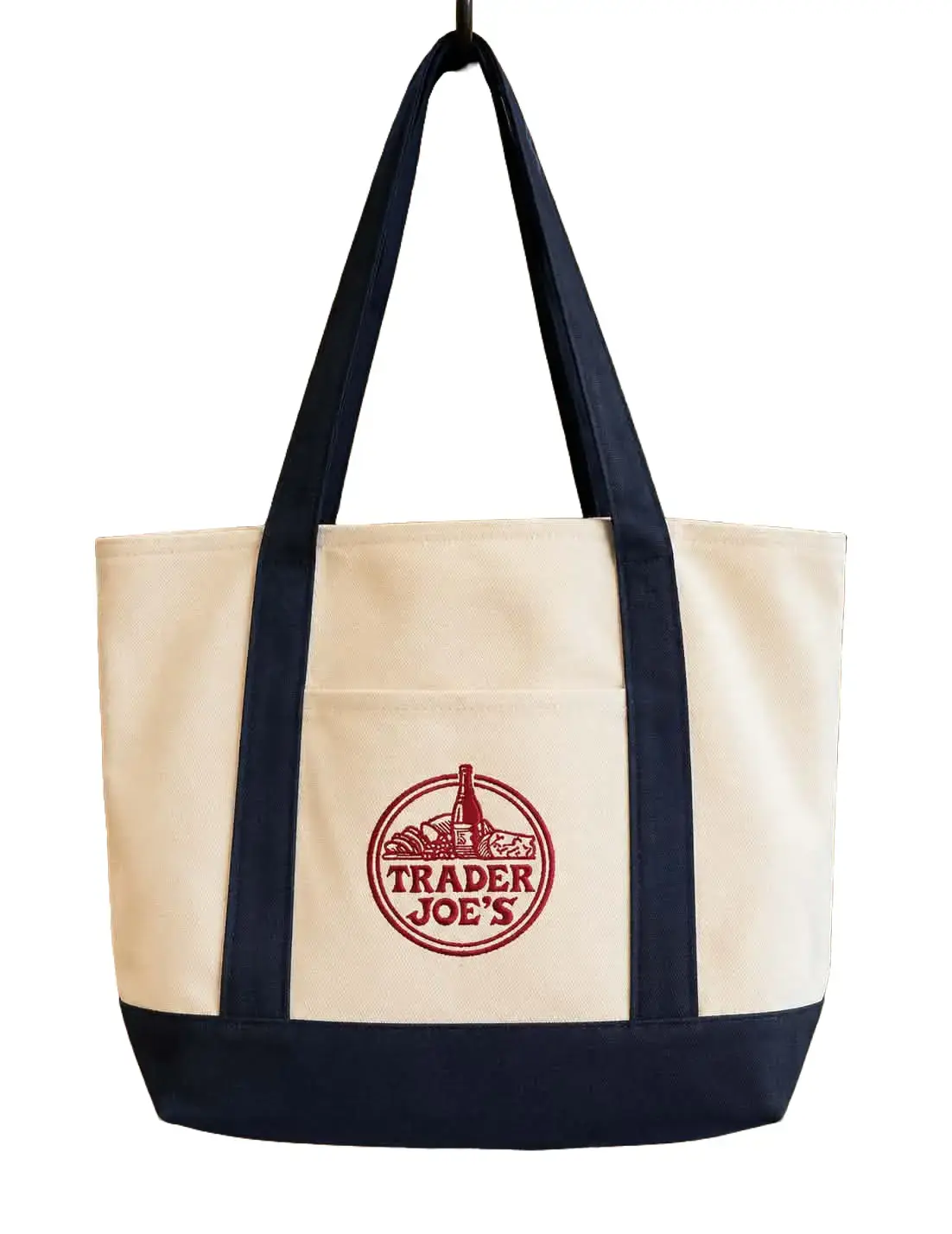 Trader Joe's Logo Canvas Tote Bag - Black Handles, Black Bottom, Functional Grocery Shopping Bag