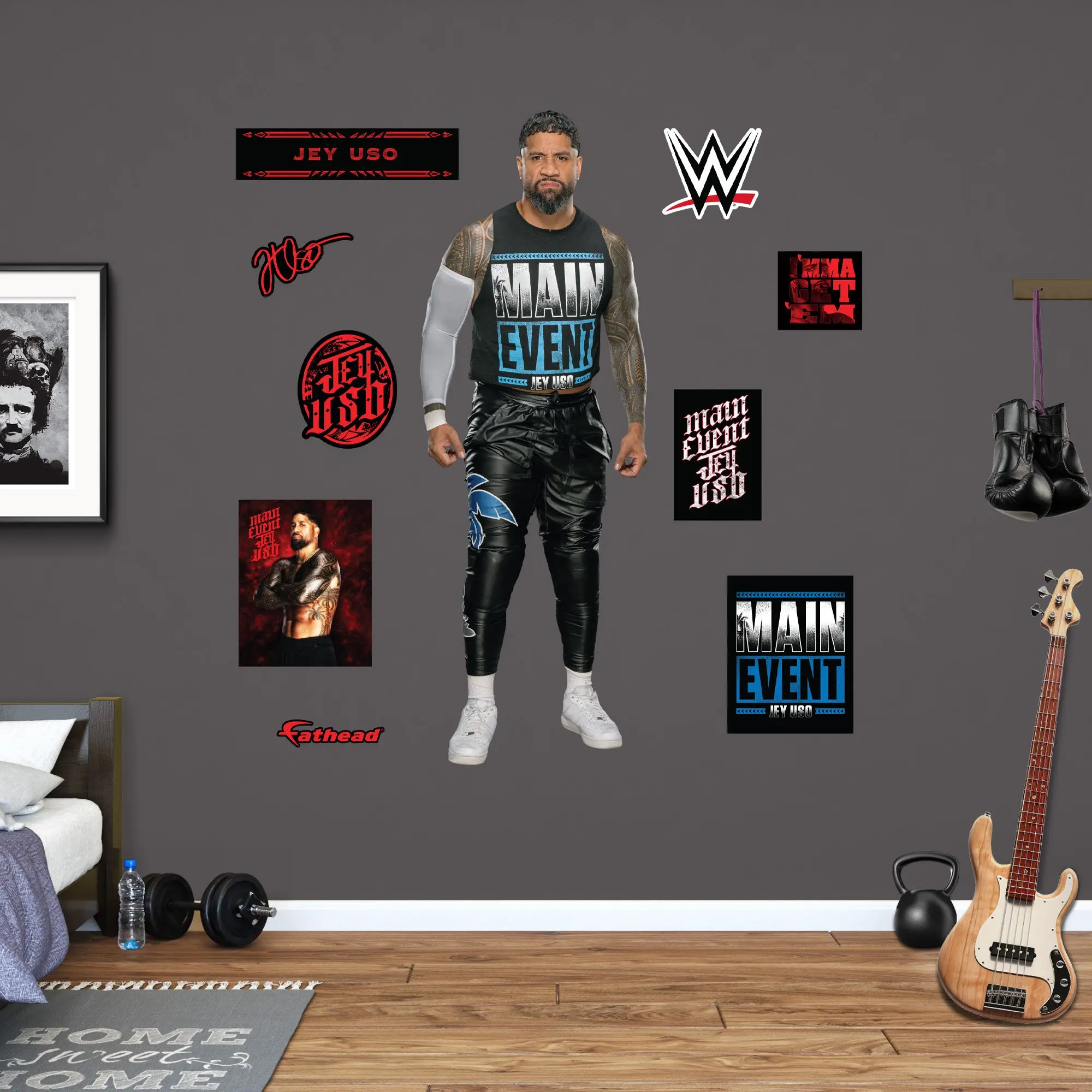 Official WWE Jey Uso RealBig Collection Bold Character Graphics Wall Art - Self-Adhesive Durable Vinyl Stickers for Smooth Home Room Decor Surfaces, Sticker Deco Accessory
