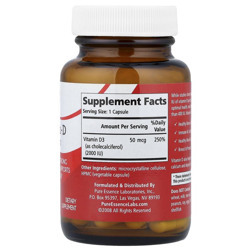 Pure Essence Vitamin-D, 2,000 IU, 30 Vegi-Caps