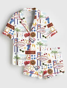 Women’s Las Vegas Travel Short Sleeve Satin Pajama Set, Kawaii Cartoon Pajama Set Women, Button Down Summer Sleepwear