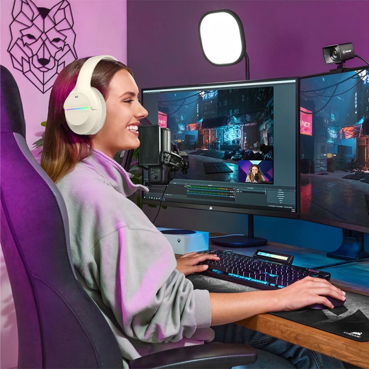 Bluetooth Headphones Over Ear, Colorful LED Lights Headphones Wireless, 65 Hours Playtime Wireless Headphones with Built-in Mic for iPad/Tablet/Airplane, Foldable Lightweight Headset with Deep Bass, HiFi Stereo Sound Low Latency for Travel Work Cellphone