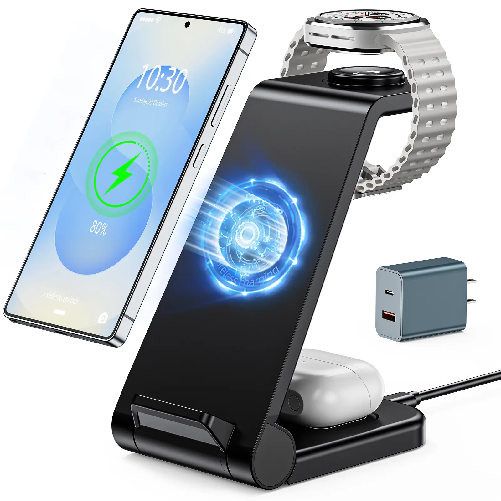 2026 3-in-1 Foldable Wireless Charger for Samsung Galaxy S26/S25/S24/Ultra/Watch 8-4, 10W Fast Charging Station for Phone + Watch + Earbuds, Travel Dock with 20W Adapter for Home Office