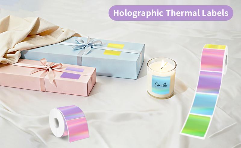 STARBOLING Square Thermal Labels Stickers 2" x 2", Holographic Thermal Stickers Labels, Glitter Self-Adhesive Direct Thermal Label for Small Business- Holographic