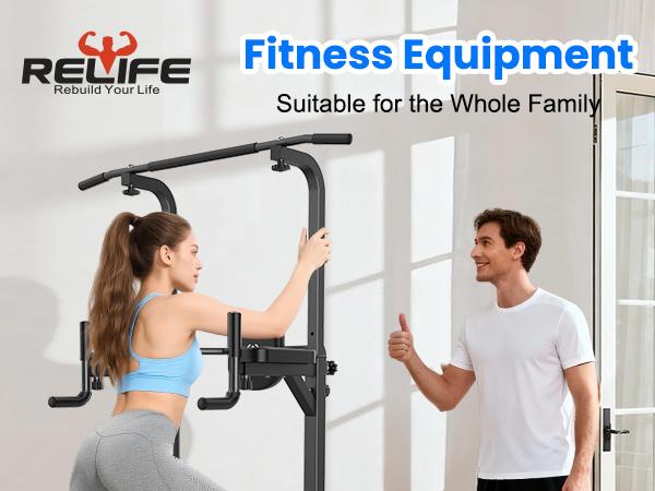 Relife Sports Power Tower Dip Station Pull Up Bar for Fitness Home Gym Workout,Multi-Function Adjustable Height Fitness Strength Training Exercise Equipment,with Stair Stepper SpringStatements
