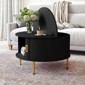 Modern Black Coffee Table with Storage, Smooth-Sliding Tambour Door, Large Capacity, Stylish Gold Legs, Easy Assembly, Perfect for Living Room, Bedroom, Office - Ideal for Organizing & Home Decor
