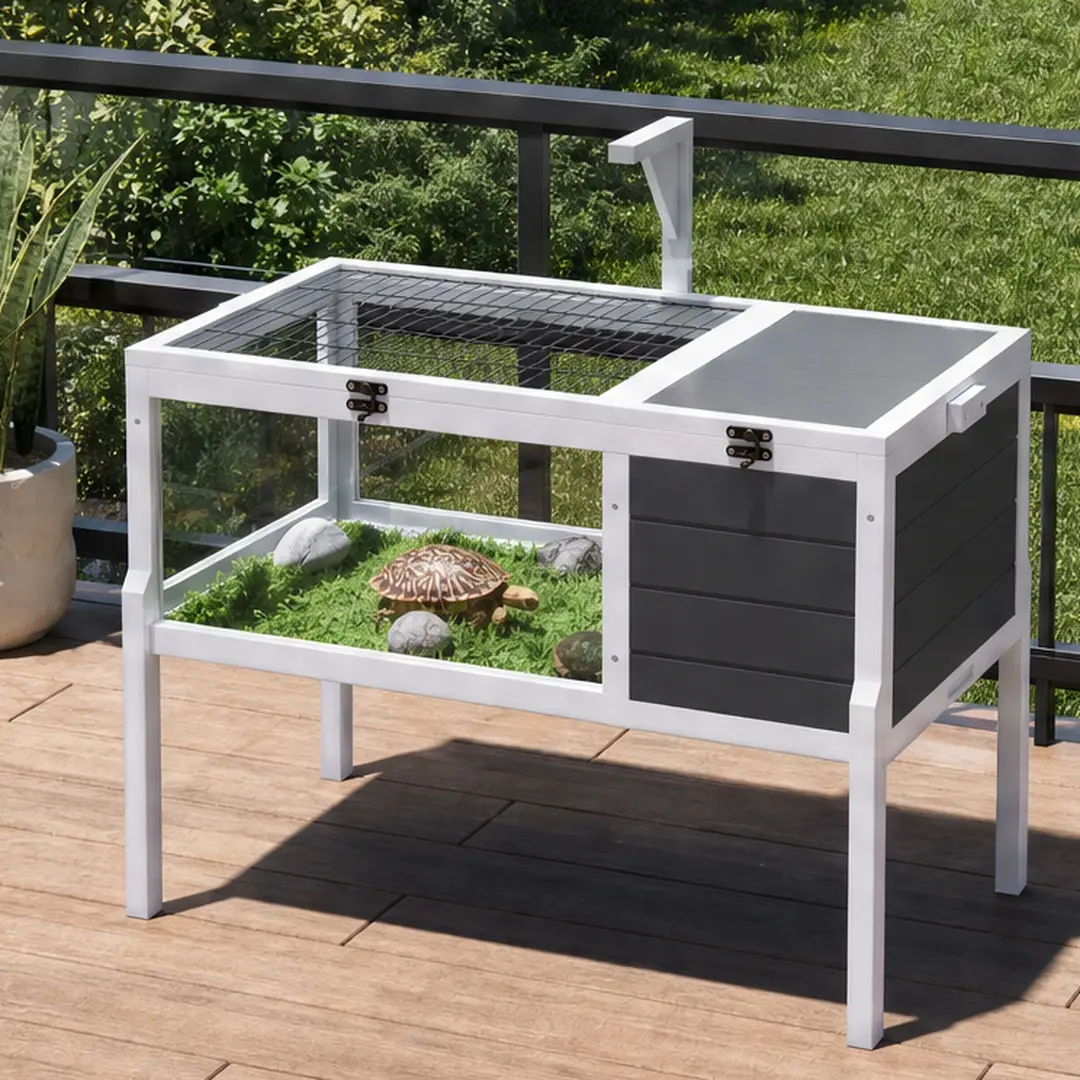 Wood Reptile Habitat Tortoise House with Lamp Holder, Large Observation Window, 2 Removable Waterproof Trays, Detachable Legs, Easy Clean Indoor Outdoor Enclosure for Turtles Lizards Geckos Snakes Small Pets, Gray Color Options