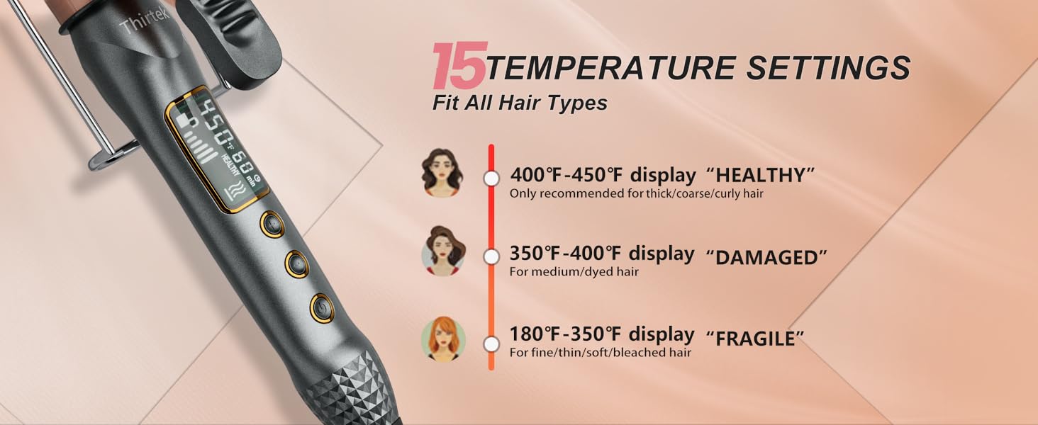 Thirtek 1/1.25/1.5 Inch Curling Iron with Ceramic Tourmaline Barrel, Curling Wands with 15 Temps for All Hair Types Long-Lasting, Smooth Salon Finish, 60-min Auto Shut-Off, Dual Voltage Hair Curler Adjustable planchas de cabello plancha de cabello