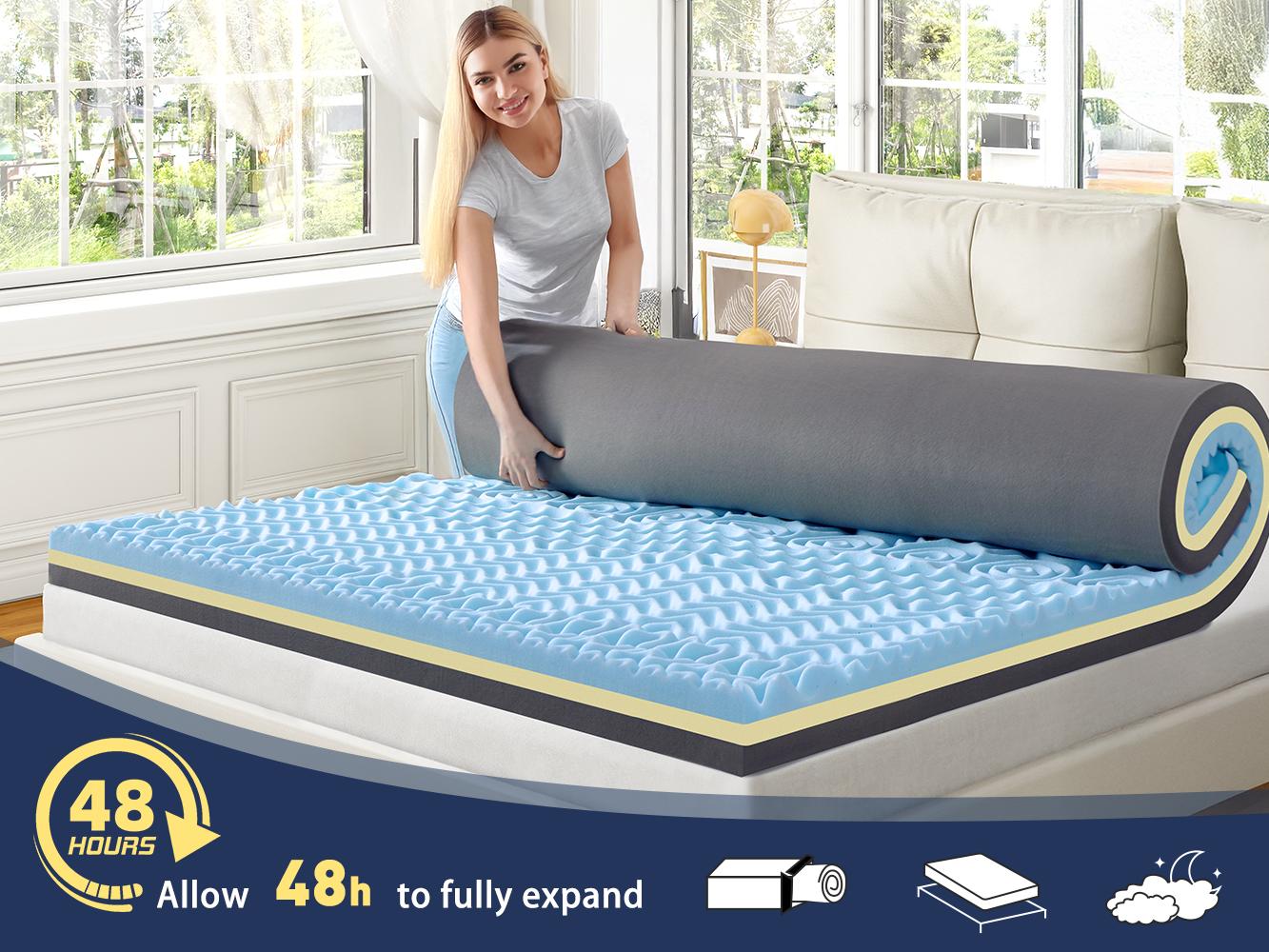 Raybee 3-4 Inch Mattress Topper with Cover, Pressure Relief Memory Foam Mattress Topper with Cooling Gel and Removable & Washable Embossed Cover, Gray, White,  King Queen Full Twin,