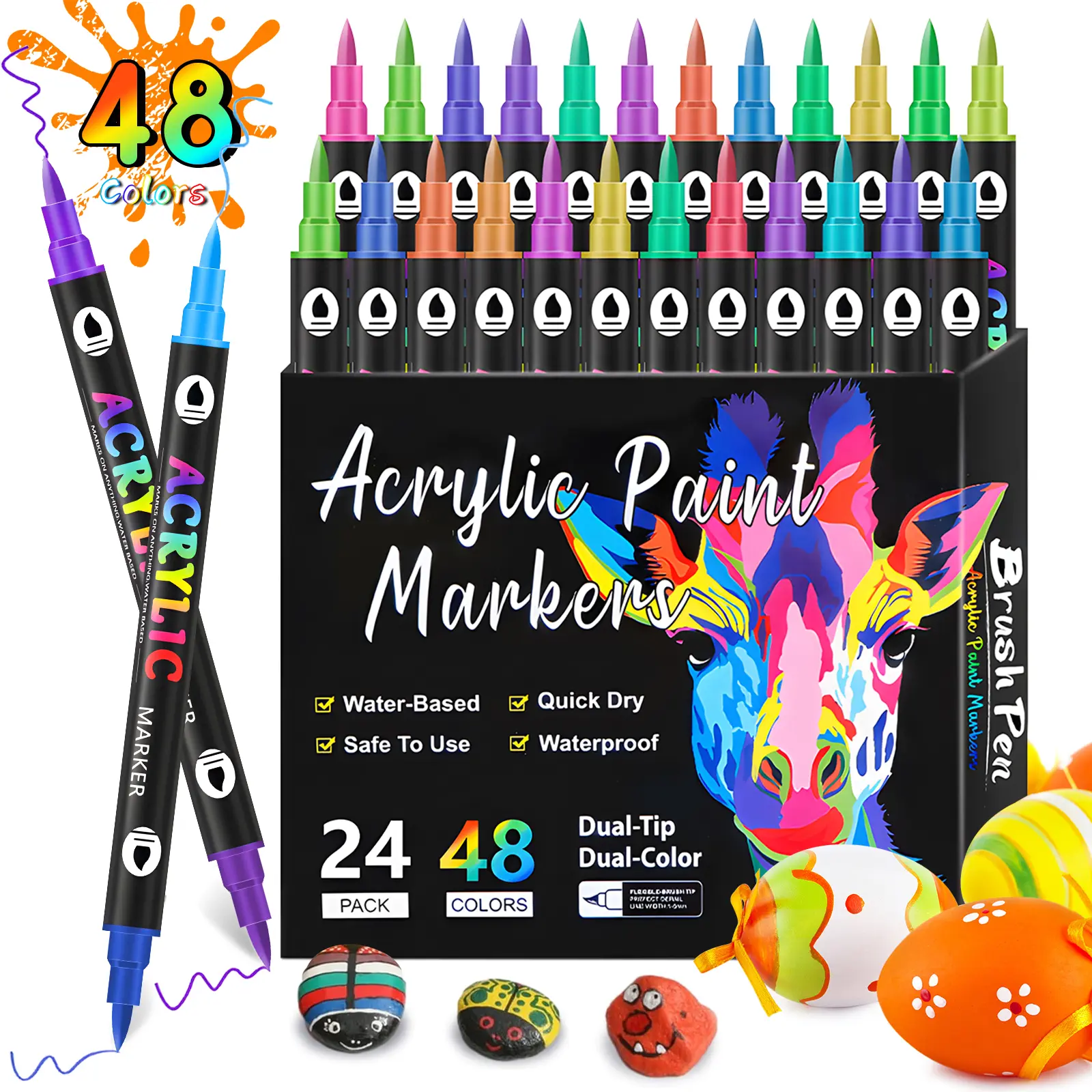 48/72/96 Colors Dual Tip Acrylic Paint Marker，Suitable for Wood ,Glass,Eggs,Paper,Fabric,Resin,Rock and Porcelain | DIY crafts, art teaching painting, children's gifts