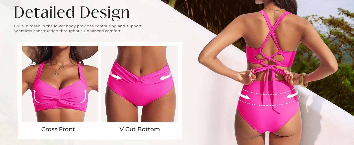 【S-XL】Hanna Nikole Women's Bikini Suit High Cut 2 Piece Swimsuit Gathered Modest Swimsuit Knotted Font Cross Cross