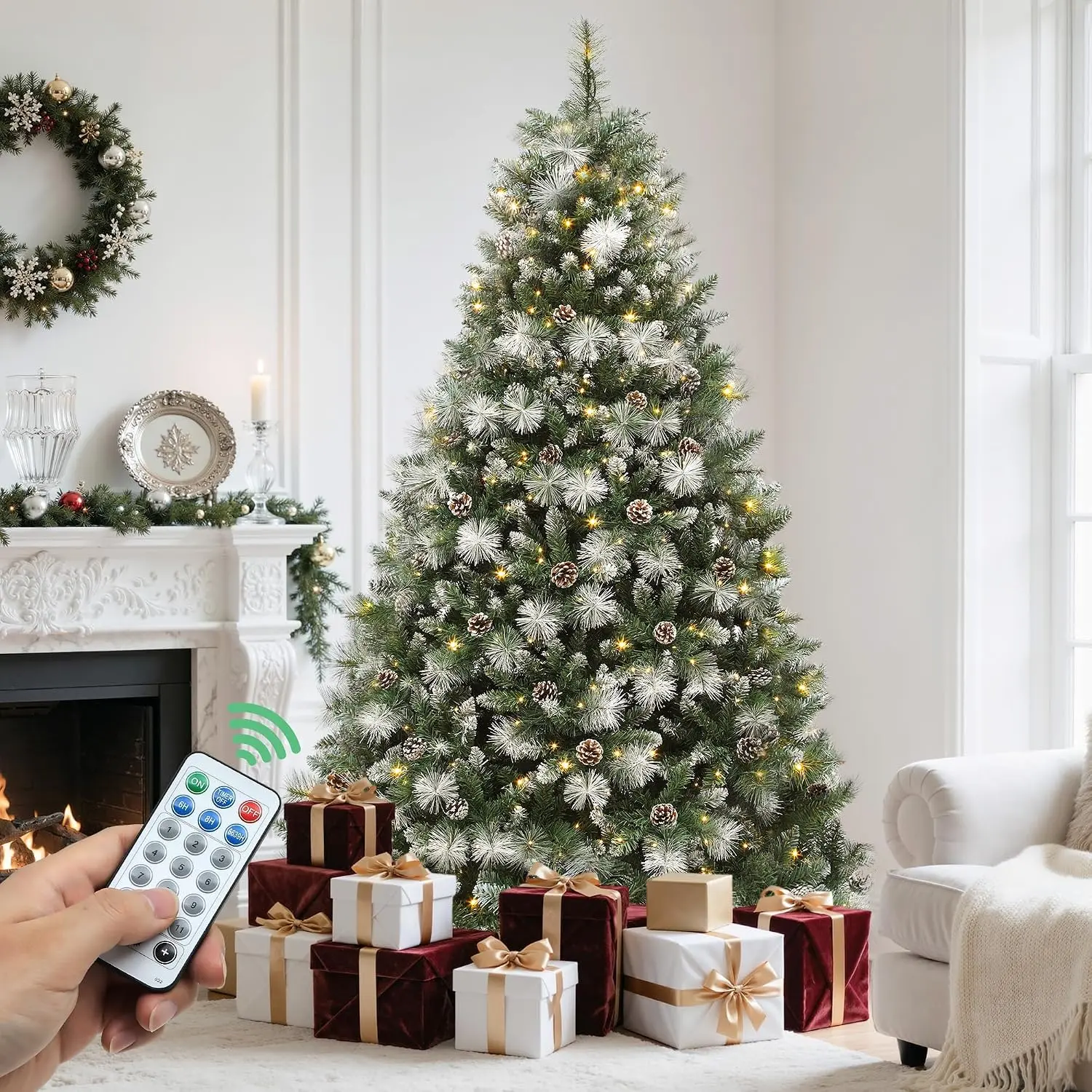YITAHOME 4.5/6/7.5/9ft Prelit Scotch Pine Christmas Tree with Remote Control, Pre-Decorated Frosted Christmas Tree with Pine-Cones & Needles, Warm White/Multicolor Changing Lights for Home/Office