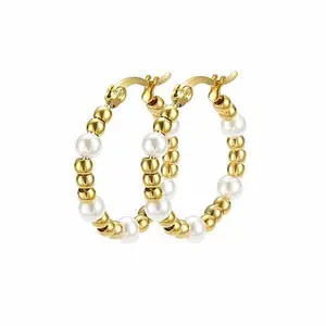 Stately Steel Stainless Steel Simulated Pearl Bead Hoop Earrings