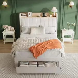 Beige Twin Upholstered Bed Frame with Storage Headboard, Drawer & Charging Station, for Bedroom, No Box Spring Needed