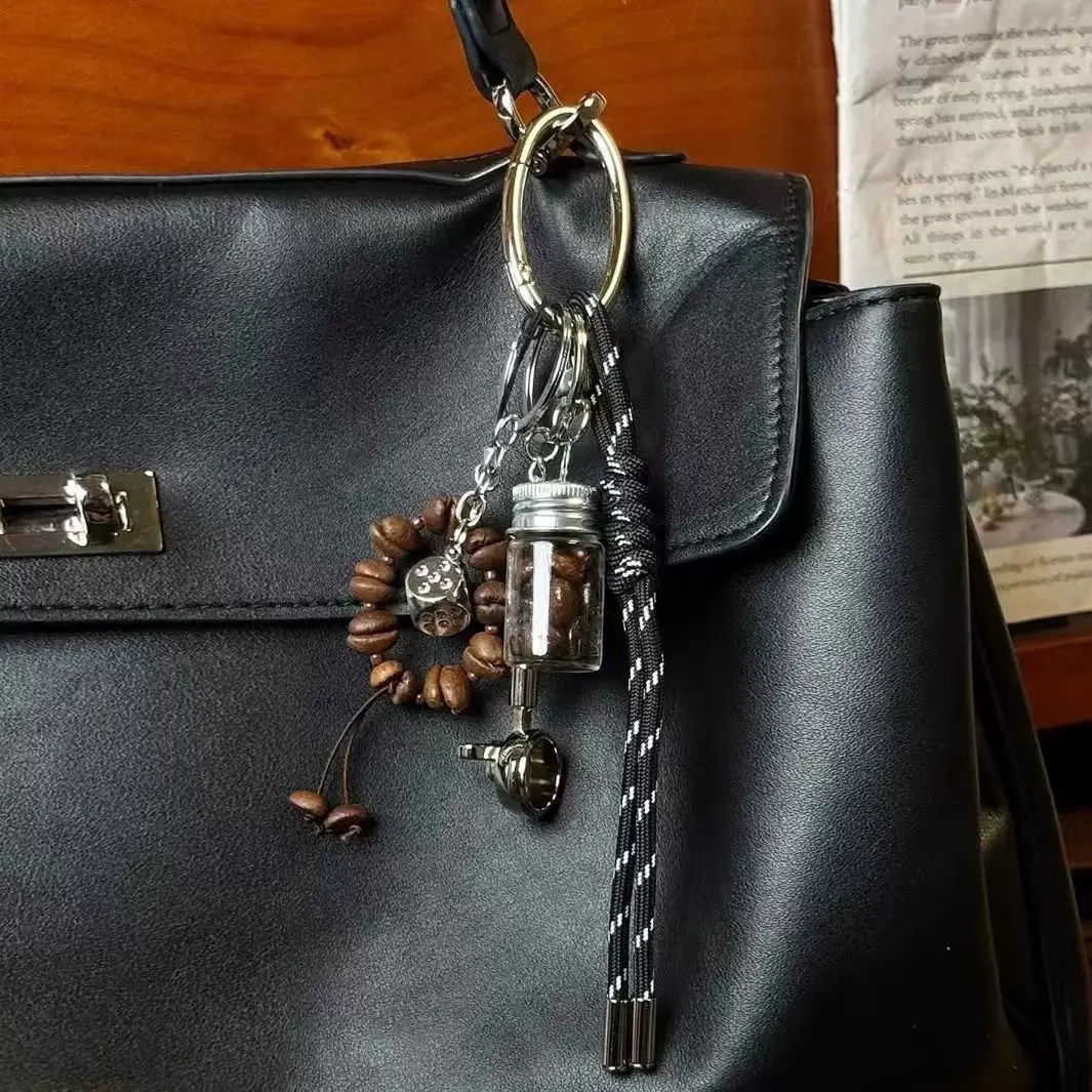 Coffee Bean Bag Charm Keychain – Minimalist Coffee Lover Accessory with Braided Cord and Beaded Coffee Charms for Handbags and Backpacks
